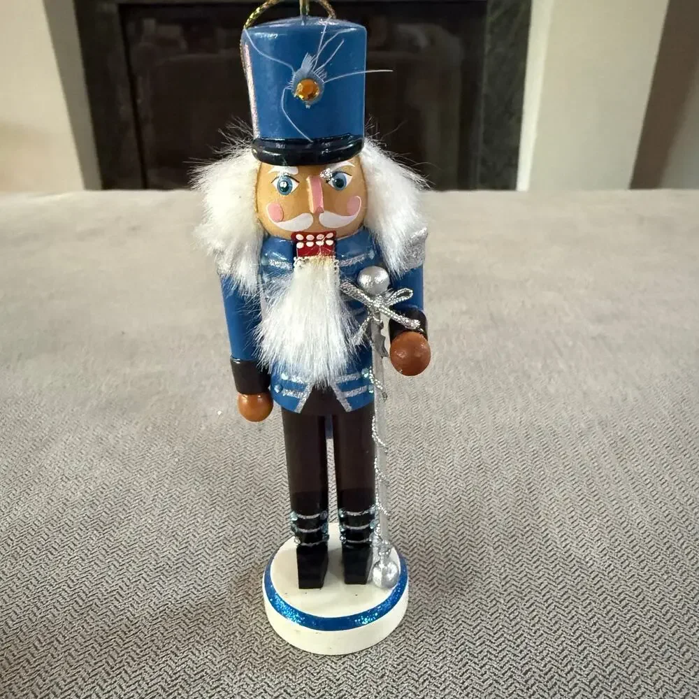 Blue Wooden Nutcracker Christmas Ornament Soldier Sword White Hair Holiday Decor